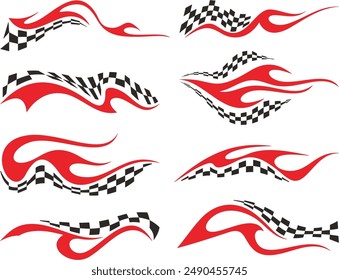 Vector Racing Flame Designs with Checkered Flags for Vehicle Vinyl Decals. Ready-to-cut graphics, great for sport cars, ATVs, trucks, motors and bikes.