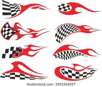 Vector Racing Flame Designs with Checkered Flags for Vehicle Vinyl Decals. Ready-to-cut graphics, great for sport cars, ATVs, trucks, motors and bikes.