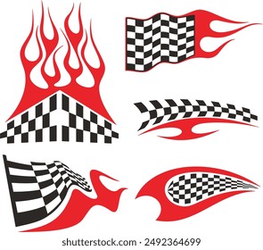 Vector Racing Flame Designs with Checkered Flags for Vehicle Vinyl Decals. Ready-to-cut graphics, great for sport cars, ATVs, trucks, motors and bikes.