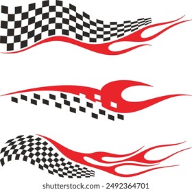 Vector Racing Flame Designs with Checkered Flags for Vehicle Vinyl Decals. Ready-to-cut graphics, great for sport cars, ATVs, trucks, motors and bikes.