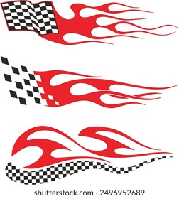 Vector Racing Flame Designs with Checkered Flags for Vehicle Vinyl Decals. Ready-to-cut graphics, great for sport cars, ATVs, trucks, motors and bikes.