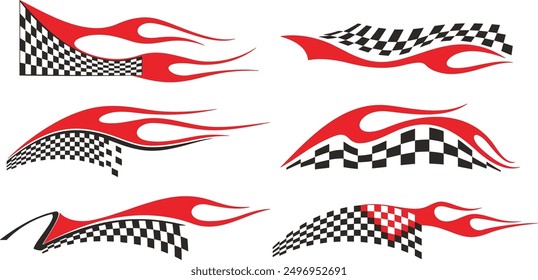 Vector Racing Flame Designs with Checkered Flags for Vehicle Vinyl Decals. Ready-to-cut graphics, great for sport cars, ATVs, trucks, motors and bikes.