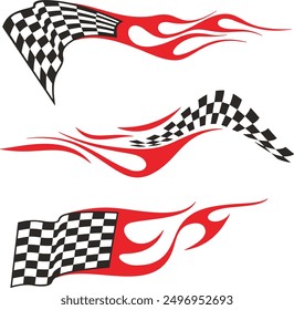 Vector Racing Flame Designs with Checkered Flags for Vehicle Vinyl Decals. Ready-to-cut graphics, great for sport cars, ATVs, trucks, motors and bikes.