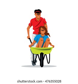Vector Racing on a construction truck Cartoon Illustration. Man and woman playing together, riding cart. Unusual Logo template isolated on a white background