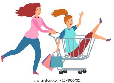 Vector Racing on the shopping trolley Cartoon Illustration. Women shopping. Two girls playing together, riding supermarket cart.  Fun together in modern supermarket