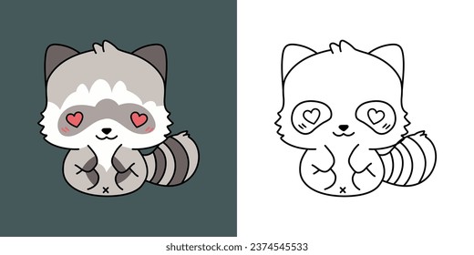 Racoon vectorial multicolor y blanco y negro. Hermoso Raccoon De Imágenes. Vector de dibujos animados Ilustración del animal del bosque de Kawaii para pegatinas, impresiones para ropa, ducha para bebés. 