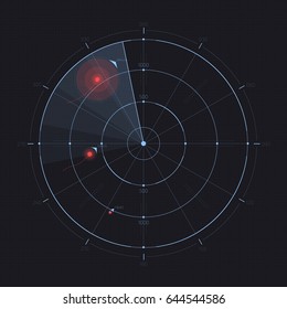 Vector radar screen. Futuristic HUD radar display. Sci-fi design element isolated on background. Military air scan. Submarine navy search. System blip. Vector illustration of navigation interface.