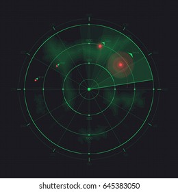 Vector radar screen. Futuristic HUD radar display. Sci-fi design element isolated on background. Military air scan. Submarine navy search. System blip. Vector illustration of navigation interface.