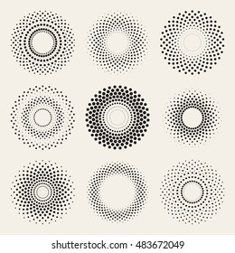 Vector Radial Gradient Halftone Sunburst Circle Shape Stippling Design Elements. Abstract Geometric Background Design