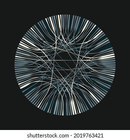 Vector radial network diagram, internet tangle, cables, connections, server diagram, community intersectional flow map on dark background