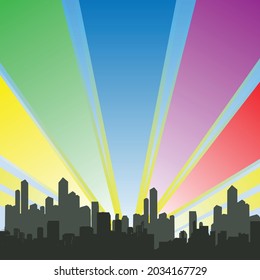 Vector of radial rainbow striped sky over modern city buildings in silhouette. graphic decor print, city concept digitally generated image.