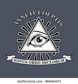 Vector radiant delta - a sign depicting Masonic eye in the triangle with rays and an inscription with an inscription in Latin annuit coeptis novus ordo seclorum