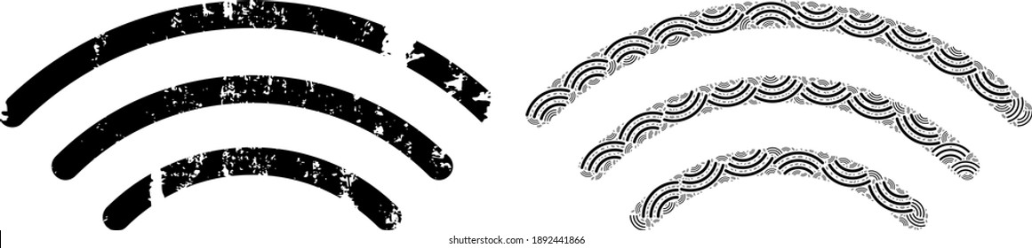 Vector radio waves collage is made of scattered fractal radio waves pictograms. Grunge radio waves icon. Fractal mosaic of radio waves.
