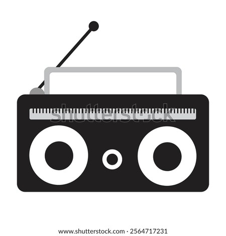 Vector radio: A wireless marvel that amplifies sound, music and news globally. Instant communication, cultural bridge, in black, and gray, and on a white background
