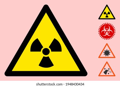 Señal de advertencia plana radiactiva del vector. El icono Triángulo utiliza colores negro y amarillo. El estilo de símbolo es un signo de peligro radiactivo plano en un fondo rosado. Iconos diseñados para señales de problemas, señales de tráfico,