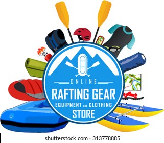 vector rafting gear store emblem with type design and clothing and equipment