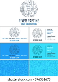 Vector rafting gear visiting card. Business card set with abstract seamless background pattern. Corporate identity template with line icons logo.
