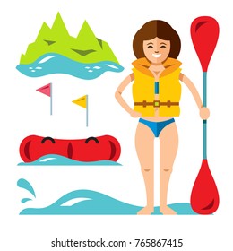 Vector Rafting Girl. Flat style colorful Cartoon illustration.
