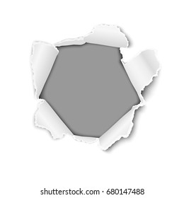 Vector ragged hole in white sheet of paper with torn edges, soft shadows and dark gray background for text, ad and other aims. Template paper design.