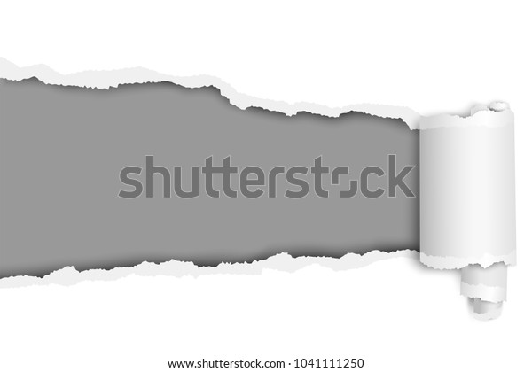 Vector ragged long hole in sheet of\
white paper with wrapped paper tear. Template\
design.