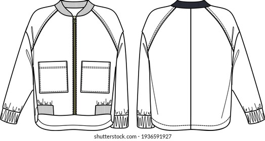 Vector raglan long sleeved jacket fashion CAD, woman bomber jacket with zip and pockets technical drawing, flat, template, sketch