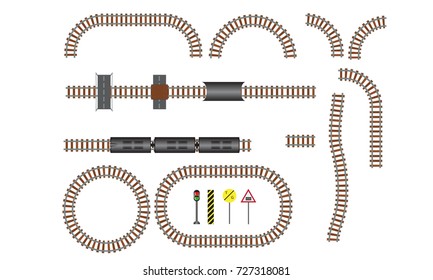 Vector railroad and railway tracks construction elements. Wavy trackway structure for traffic train. Vector Illustration.