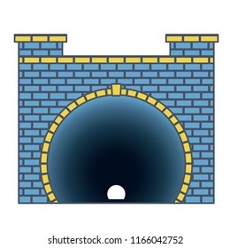 Vector railway low poly tunnel in front view, outline blue stylization. Isolated picture on white background. Old stone circular tunnel with light at the end. Diminishing perspective picture