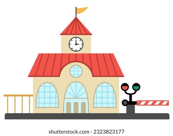 Vector railway station icon. Railroad train waiting building with clock tower, semaphore and barrier. City or countryside transportation clipart. Cute comfortable destination point for town map
