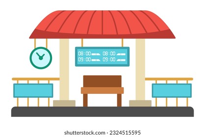 Vector railway station icon. Railroad train waiting place. City or countryside transportation clipart with clock, bench, roof and timetable. Cute comfortable destination point for town map
