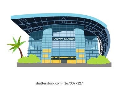 Vector railway station. Modern station building