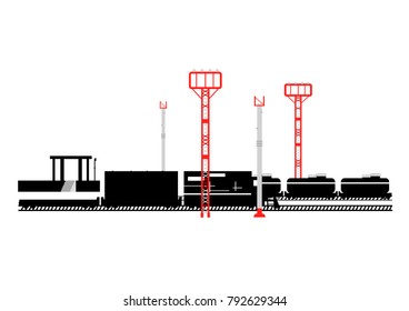 Vector railway station with trains pillars and spotlights