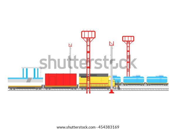 Vector\
railway station with trains pillars and\
spotlights