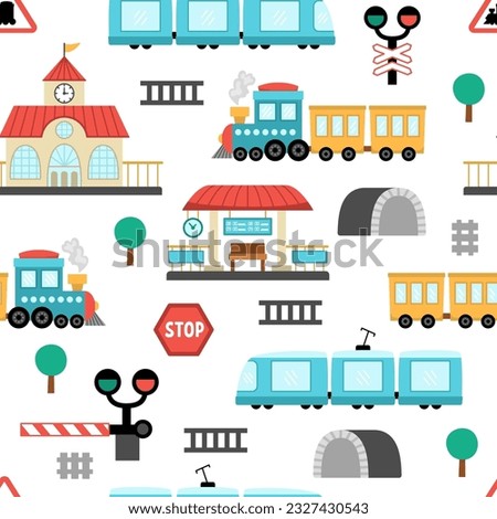 Vector railway transport seamless pattern. Funny railroad transportation repeating background with train, steam train, tunnel for kids. Cute rail vehicles texture with semaphore, barrier
