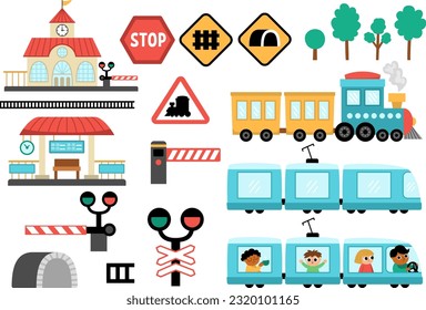 Vector railway transport set. Funny railroad transportation collection with train, steam train, tunnel, road signs, railway station clip art for kids. Cute rail vehicles icons with semaphore, barrier