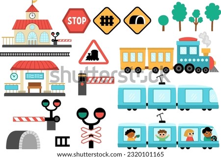 Vector railway transport set. Funny railroad transportation collection with train, steam train, tunnel, road signs, railway station clip art for kids. Cute rail vehicles icons with semaphore, barrier Foto d'archivio © 