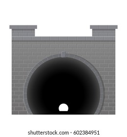Vector railway tunnel in front view. Old stone circular tunnel with light at the end. Isolated on white background. Diminishing perspective.