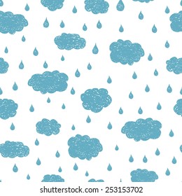 Vector rain background hand drawn, seamless pattern. Blue clouds and raindrops