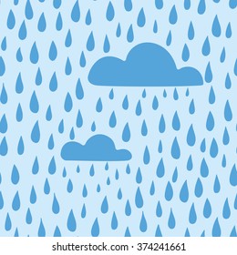Vector rain background hand drawn, seamless pattern. Blue clouds and raindrops