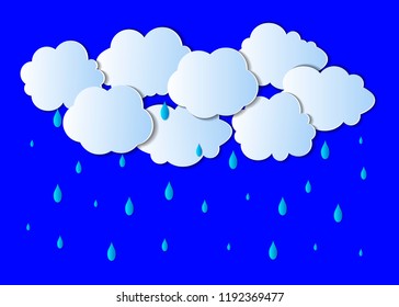 Vector Rain Background, Light Gray Clouds and Bright Blue Drops, Paper Art.