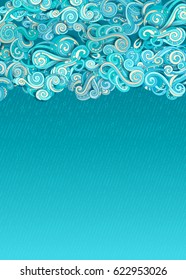 Vector rain clouds background. Doodles clouds and hand-drawn rain on blue background. There is copy space for your text in the sky.