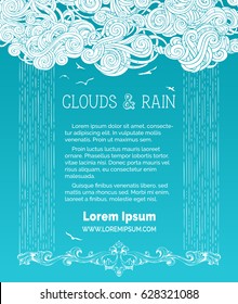 Vector rain clouds background. Frame of white doodles clouds and hand-drawn rain on bright blue background. Flying birds. There is copy space for your text in the sky.