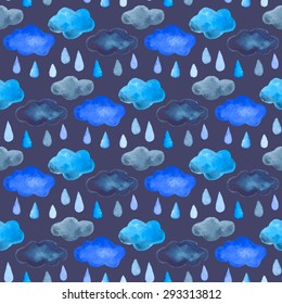 Vector rain and clouds seamless pattern. Hand drawn watercolor ornament on dark grey background.