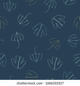 Vector Rain Coats and Umbrellas in Green Line Art on Dark Blue Background Seamless Repeat Pattern. Background for textiles, cards, manufacturing, wallpapers, print, gift wrap and scrapbooking.