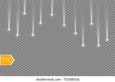 Vector rain comets isolated on transparent background. Lights. Magic concept. Vector white glitter wave abstract illustration. White star dust trail sparkling particles isolated.