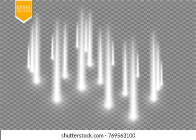 Vector rain comets isolated on transparent background. Lights. Magic concept. Vector white glitter wave abstract illustration. White star dust trail sparkling particles isolated.