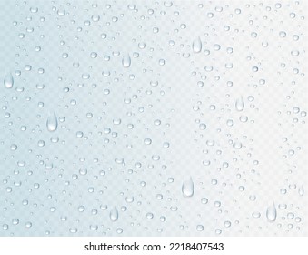 Vector rain drops or steam shower on window glass surface for your design. Realistic pure droplets and water bubbles condensed on the glass background