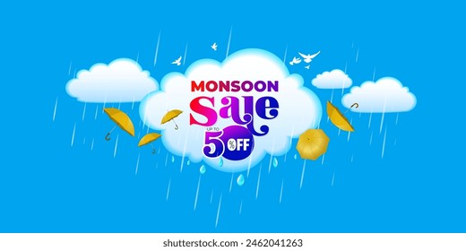 Vector rain monsoon clouds umbrella and sky background with Monsoon Sale up to 50% off deal discount offer Web banner poster design.