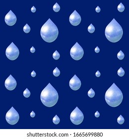 Vector Rain Pattern, Falling Droplets, Rain Background, Colorful Drops on a Dark Blue Backdrop.