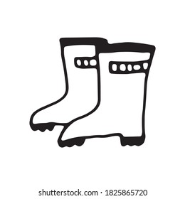 Vector rainboots icon hand drawn in doodle style. Camping, fishing footwear.Element for stickers, seasonal design, prints, logo or travel blog icon. Seasonal autumn waterproof shoes. Walking in forest
