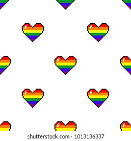 Vector rainbow 8 bit pixel art style heart seamless pattern. LGBT community symbol. Gay pride concept